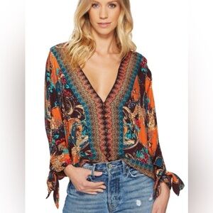 Free People | Boho Leopard Print Tie-Sleeve Blouse | Size Small